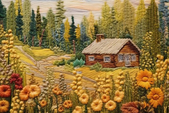 3D Graphic, Wool Embroidery Cute Cottage